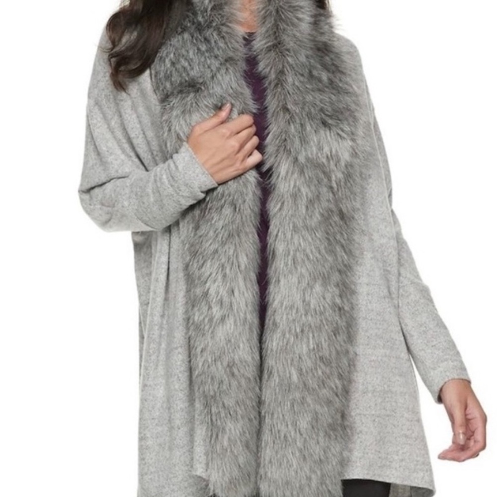 Jennifer Lopez, Fur Trimed Long Cardigan, Open Front, Size Large Heather Gray